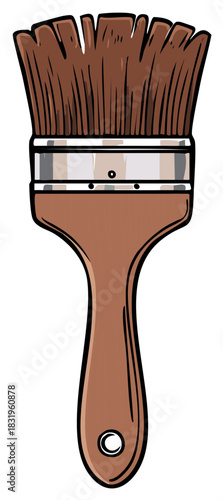 Painted brush illustration, brown bristles and wooden handle, art equipment.