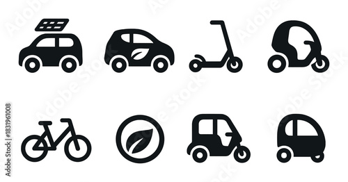 Eco-friendly transportation icons: cars, bikes, scooters, and green technology