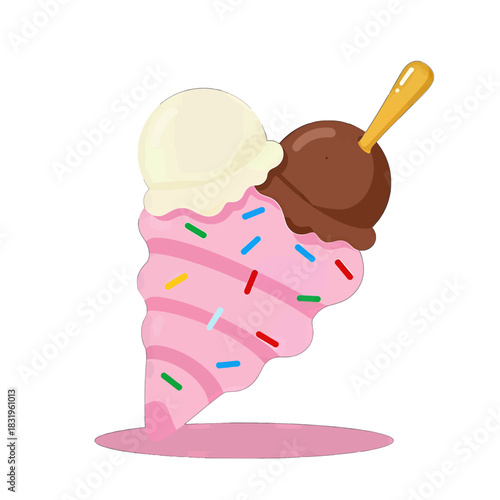 Colorful Ice Cream Sundae with Sprinkles and Chocolate Topping