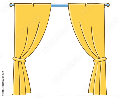 Simple vector illustration of open yellow window curtains tied back on a rod