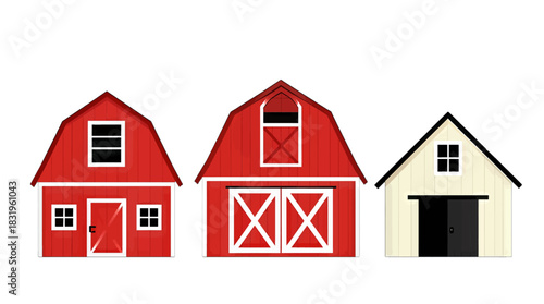 Colorful illustration of three barns in red and white
