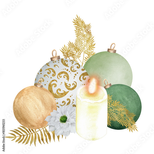 Photography Holiday decoration with green and white New Year baubles, golden branches, white flowers and a candle