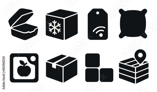 Black shipping and storage icons with frozen, wifi, and location symbols
