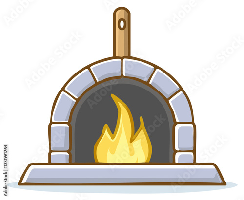 Cartoon illustration of a pizza oven with burning fire inside for cooking