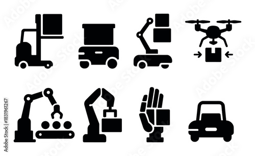 Black industrial icons: robotics, automation, drones, vehicles