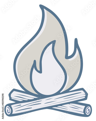 Stylized campfire with crackling flames and logs, graphic design illustration