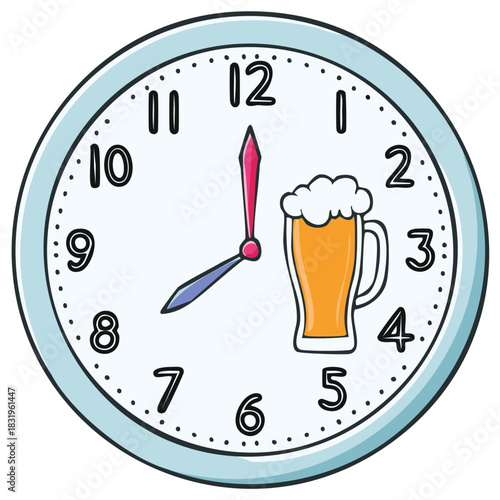 Clock showing beer time with a pint illustration, beer o'clock concept.