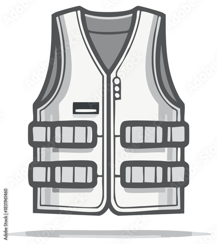 Illustration of white vest with compartments and dark gray trim safety equipment