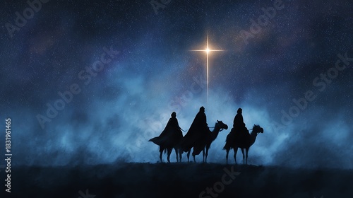 Epiphany and Christmas religious nativity concept: Three wise man against star of cross over night background. Old vintage style tone