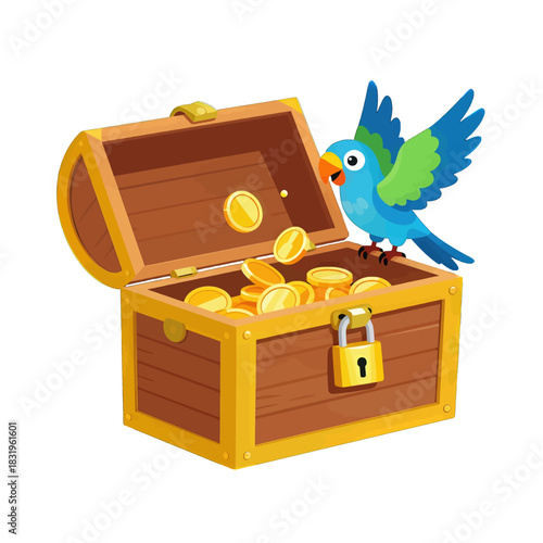 Colorful Parrot Perched on Open Treasure Chest Full of Gold Coins