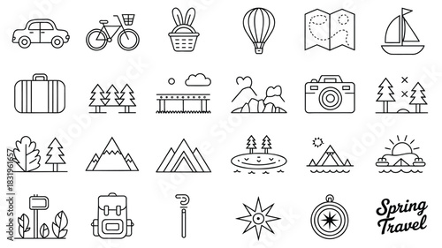 Collection of outline icons representing various travel and outdoor adventure activities and elements