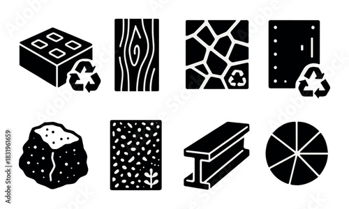 Recyclable building materials icons: brick wood stone concrete steel
