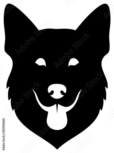 Happy Black Silhouette Dog Face with Tongue Sticking Out and Alert Ears