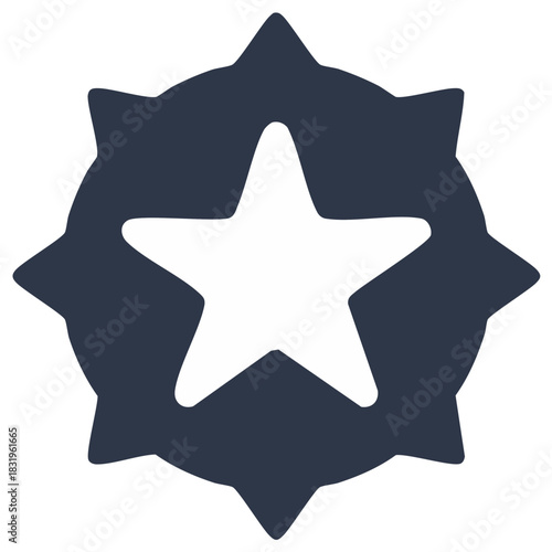 Stylized emblem with star inside a gear-like shape, a distinctive symbol with sharp points and smooth curves in modern dark colors.