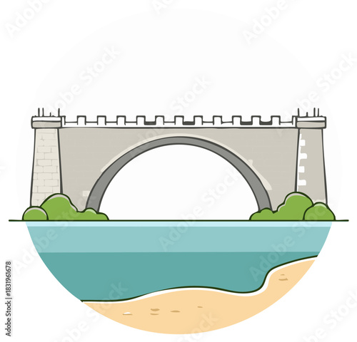 Illustration of a Stone Arch Bridge over Water with Sandy Beach within a White Circle Frame