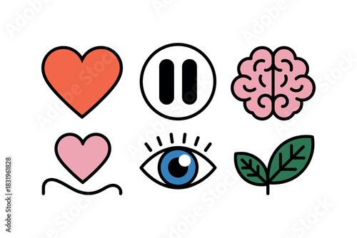Illustration of heart pause brain eye and leaves on a white background
