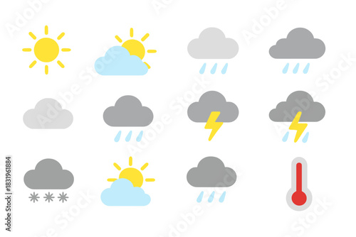 Weather symbols showing sunshine, clouds, rain, snow, and temperature variations across different conditions