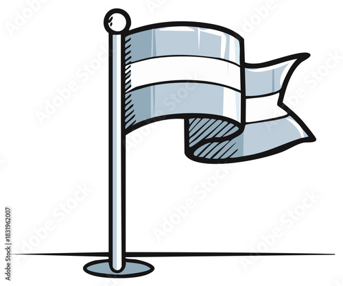 Simple hand-drawn cartoon illustration of a waving flag with blue and white horizontal stripes