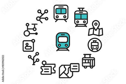 Train travel icons illustrating urban transit systems and navigation in a city landscape with different train types and transportation elements