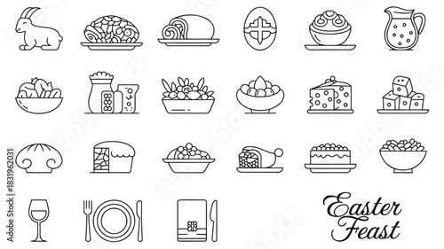 Collection of line art icons representing a traditional easter feast with food and table settings