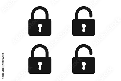 Different styles of locked and unlocked padlocks displayed on a white background for security illustration