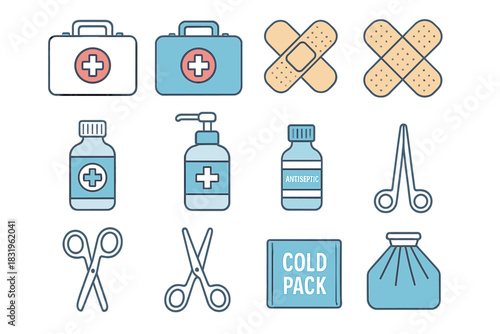 First aid supplies and medical tools in a simple, organized layout showcasing basic healthcare essentials