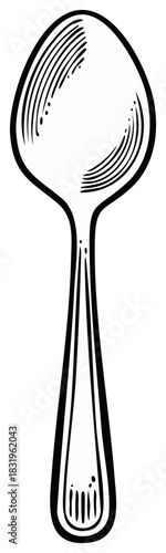 A detailed retro spoon illustration in a black and white engraved or woodcut style kitchen cutlery