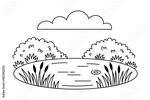 A simple line drawing of a pond with reeds bushes and a single cloud