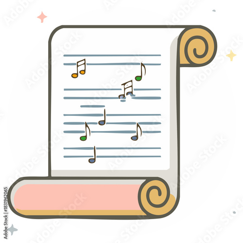 Cute musical notes on a staff scroll with a pastel pink ribbon detail