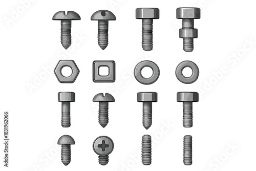 Different types of screws and bolts arranged in a grid for hardware identification