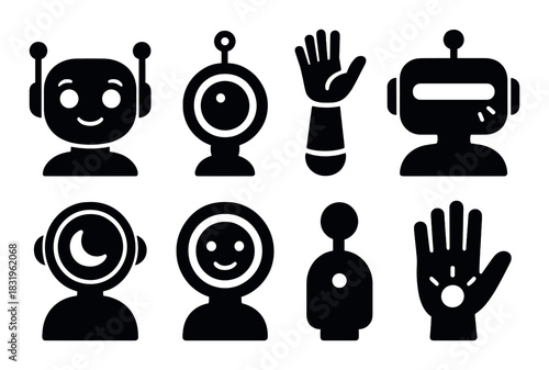 Black robotic icons set featuring robots and mechanical hands