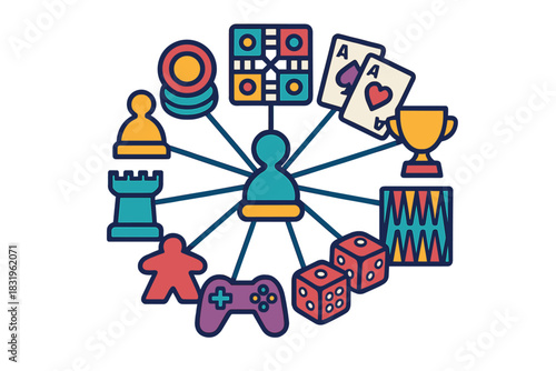 Gaming fun graph showcasing various board games, card games, and trophies in a colorful design