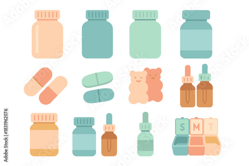 Colorful assortment of medicine bottles and supplements in various shapes and sizes arranged neatly on a white background