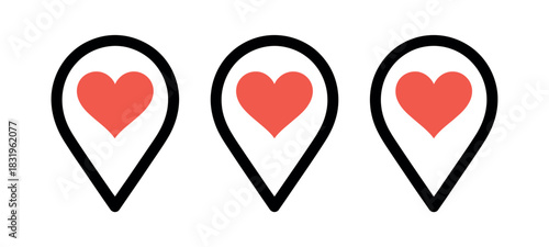 Three location pin icons with hearts inside in a row on a white background