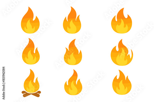 Bright and colorful flame icons showing various fire styles and a campfire design for diverse digital uses