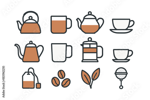 Collection of tea and coffee related items designed in a simple and modern style featuring kettles, cups, and leaves