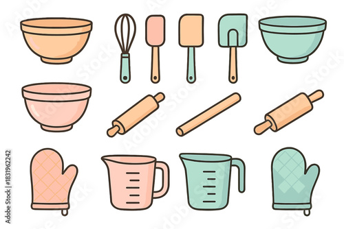 Wallpaper Mural Kitchen tools and utensils for baking and cooking arranged on a white background Torontodigital.ca