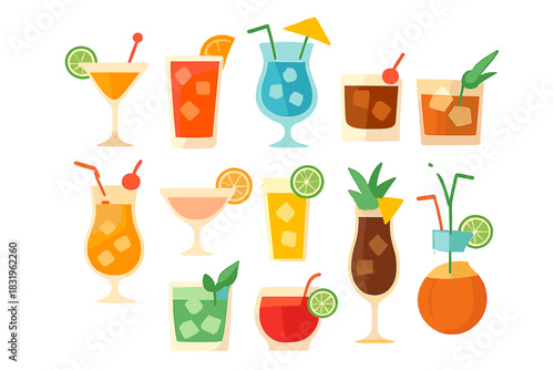 Colorful array of tropical drinks arranged in a fun and inviting way at a summer party gathering