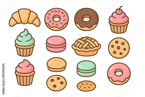 Delicious assortment of baked treats including pastries, donuts, and cupcakes displayed in a colorful arrangement