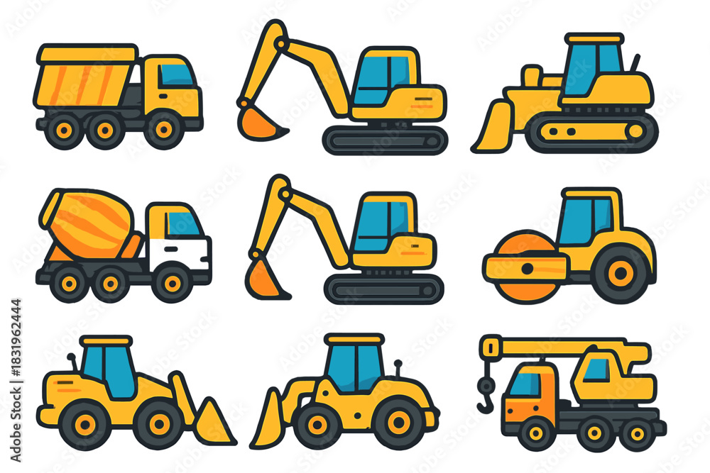 Naklejka premium Construction vehicles at work in a busy construction site during daylight hours