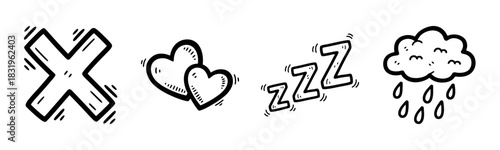 Hand-drawn black and white icons: x, hearts, zzz, cloud with rain