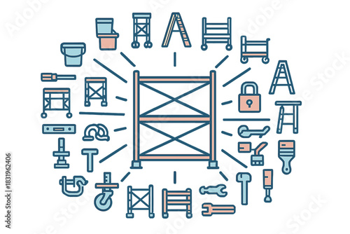 Tools and equipment arranged around a central scaffold design in a construction setting