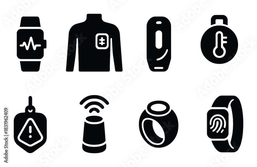 Wearable technology icons: smartwatch, thermometer, fitness tracker, heart monitor, fingerprint ring