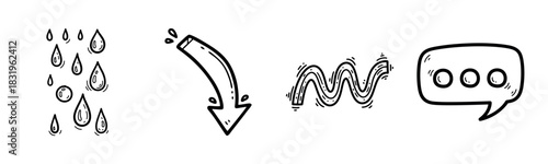 Raindrops, arrow, wavy line, and speech bubble icon set in black and white