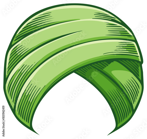 Stylized illustration of a green turban head covering with detailed texture.