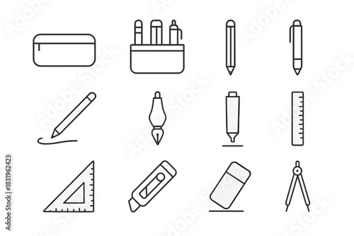 Various stationery items arranged neatly with a pencil case, pens, and drawing tools on a blank background