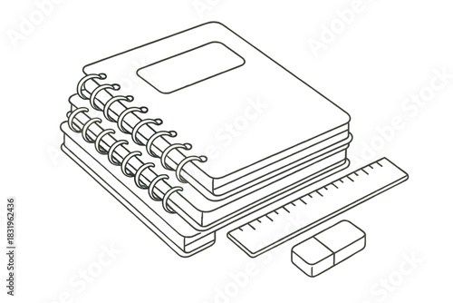 Stack of spiral notebooks with a ruler and an eraser on a desk, symbolizing study and organization
