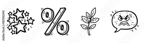 Whimsical doodles: stars, percentage, leaf, angry face speech bubble in black and white