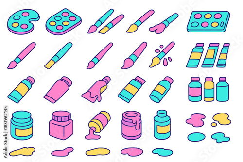 Colorful art supplies arranged in a creative layout for different painting techniques and styles