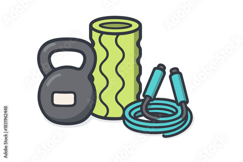 Fitness equipment set including kettlebell, foam roller, and jump ropes for home workouts and exercise routines